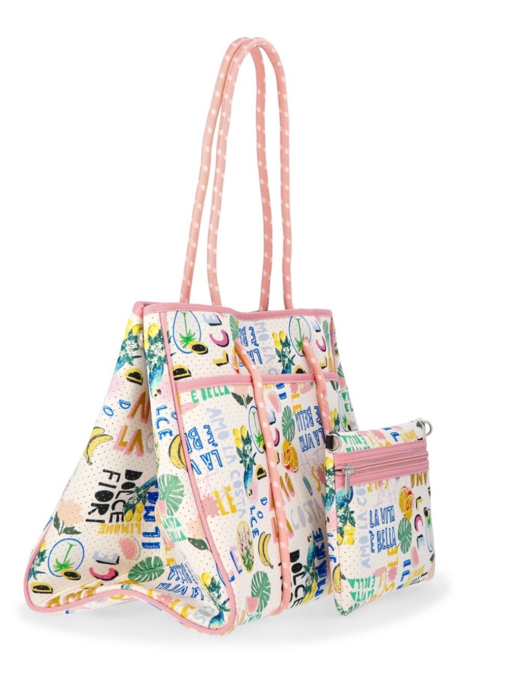 Feminine Fun Tropical Pink Summer Tote, Matching Zippered Pouch, Roomy, NEW NWT